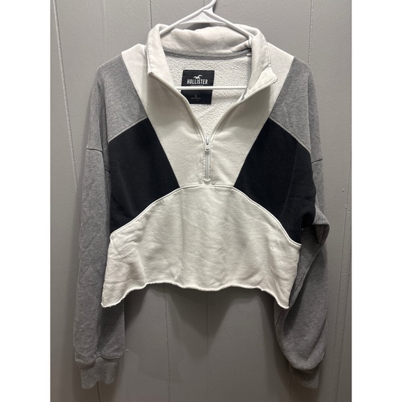 Hollister Tops - Hollister Zip Cropped Sweatshirt Grey White Black L
